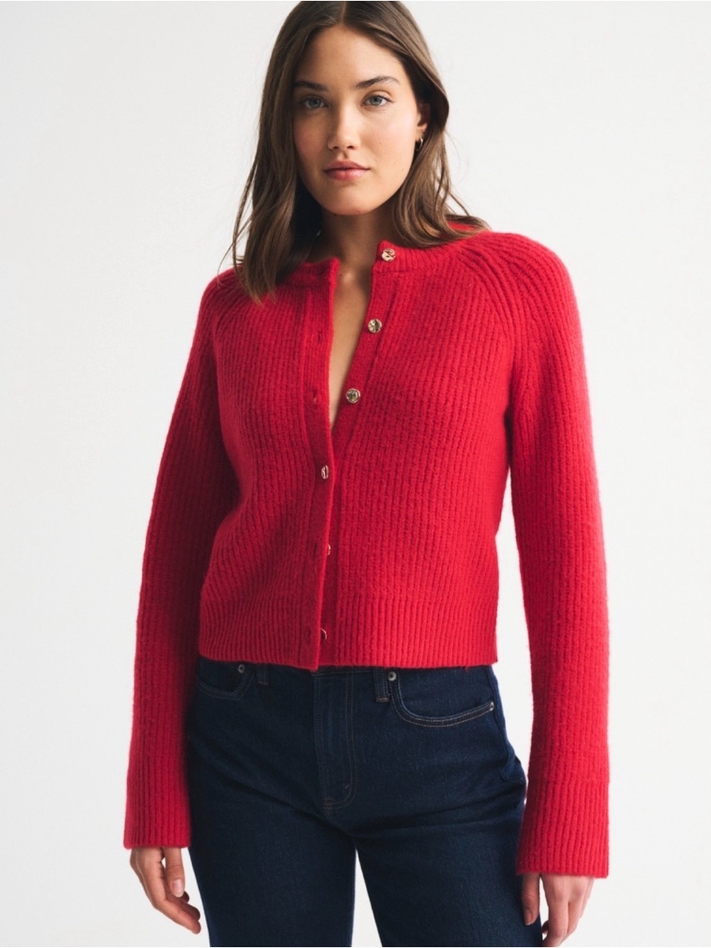 Abercrombie & Fitch Bright Red Ribbed Button Cardigan